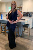 This outfit was prefect for a red carpet event. Looks classy. Material is a nice blend that is slimming and doesn't slip. Length was a bit of an issue but I didn't have time for alterations. I highly recommend. Cheesy pic. My 7 year old took it. :p - Kate P.