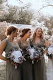 I used these as my bridesmaid dresses for my wedding! They're a beautiful color, matching the Lulus photo closely. The fabric is a sheer material, so initially they don't seem overly high quality, but after steaming them well they have a higher quality appearance and lay nicely. The dresses are not see through, and the slit is not as apparent as the Lulus picture shows. The slit never really showed for any of the girls throughout the day. You can wear a regular bra with them, Fashion tape is needed though to keep the fabric in place around it. 
I tried on the small and it fit me well. The rest of the girls wore medium - ranging from 5'2" and larger chested to 5'10". The sizing is pretty flexible because the dress goes on like a robe. Overall loved these dresses for my bridesmaids! - Lauren E.