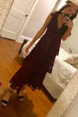 This dress ran a bit big, but the deep-v was a bigger concern for me, as I'm small chested. I ended up getting it altered up quite a bit before wearing to a formal event. But overall, I was happy with this purchase! - Karilynn C.