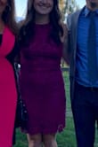I love the lace. I was a little disappointed because I thought the dress would be more red than pink/purple color but it worked out fine. The medium fit perfectly in magenta when I received it. I could have gone down one size but I was wearing this to a family wedding so I wanted to keep it appropriate. I loved it so much that I ordered another one in navy but the navy dress arrived stretched out. I was super disappointed. It was like the navy dress was a whole size bigger than the magenta. The hips were stretched out and the breast/chest area was too big. I returned the navy. I received so many compliments on the magenta. The dress is so popular that another wedding guest told me she almost wore it in bright blue. I'm so glad she didn't wear it! Pretty good first Lulus experience. - Lyndsay G.