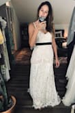 This dress is beautiful in person and looks much more expensive than it is. I'm tall and it still skimmed the floor and the little train is so pretty. Happily surprised at how nicely it fits, didn't have to do any alterations! - Annie S.