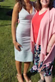Material is stretchy but wrinkles very easily. I had to wear spanks under because it does show every little bump on your body and the size up looked too big. I wore this to a summer wedding and it was the perfect length for me. Only gave it a lower rating because of the wrinkle factor! - Carmen C.