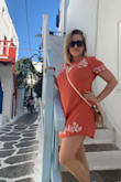 The dress is super cute. I wore it on vacation in Mykonos. This is my second purchase of this dress. I have the white and blue one as well. I gave it 4 stars only because it wrinkles easy and I didn't like that. Otherwise super cute dress! - Leah H.