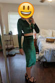 I have never been so conflicted over an item of clothing. On the one had, it's a much lighter green than the color shows in the listing, the fabric is obviously very cheap, and you can't wear any type of bra with it. On the other hand, it fits exactly like in the photo and is very flattering. 

I probably won't keep it. If it were better quality material and the dark forest green like in the picture it would be a win, hand's down. As it is, it's more like a bright Saint Patrick's Day green and pretty thin material. It looks more like a costume than a $70 dress. - Jessica J.
