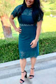 Great fit and color. Absolutely adored my dress. I am heavy top and it's hard to find dresses to fit around my bust area. I normally wear a size 10 in dresses so I ordered a medium. The dress fit a little snug in the breast area but everywhere else was stretchy and comfortable. I wore this to a wedding and received lots of compliments! - Khaty P.