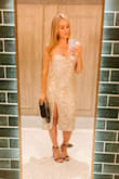 Love fit of this dress. I'm a small and ordered small but I love how it hangs on the body (rather than hugs) just as shown on the model. It makes the dress both sexy, but also super classy at the same time. Wore out in Vegas and will wear again for NYE & my bachelorette. Also it's more champagne hued than silver which I love. - Rebecca G.