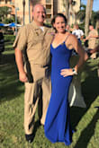 Wore this to the Navy Khaki ball and it was perfect! Nice and thick material so you feel very supported and comfortable. It was the perfect length with a pair of heels. It just low cut enough to show off the girls but not appear slutty. Can't wait for the next chance to wear this again. (Don't mind the sun squint faces...this pictures shows the true color of the dresses) - Mariah E.