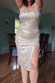 This dress is light and contours the right areas on my thicker frame. The adjustable straps are a plus. Be careful pulling the zipper up. The slit is sexy but the length makes it chic and appropriate for many occasions. - Nadia T.