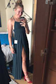 the fabric is great, length is perfect for myself with heels on, no alterations required. However, I ordered a M and it doesn't fit snug which is what I was looking for. Still love it and it probably fit better if I had a fuller chest. Totally recommend.
(also the picture makes it look blue but it is in fact a dark green) - Ocdt A.