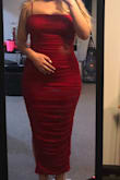This is the perfect dress and is so sexy and classy at the same time!! It really accentuates my curves and gives off such Kim K vibes ;). It fits very true to size, is quality material and even though it doesn't exactly suck in my not so flat stomach it's definitely not a deal breaker, just need to wear some spanks! I'm 5'3 and the length hits just above my ankle. Get this, you won't regret it! - Olivia L.