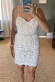 I wore this dress during my bachelorette party and it was perfect. Not too short, but still sexy! It's not stretchy so know that before you plan to dance all night, but I got a slit tailored into the back to take care of that so it didn't split. - Stephanie T.