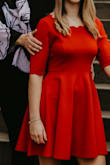 I loved how this dress looked and fit on my body. I rarely ever order clothes online, especially dresses, but this dress delivered exactly what I was looking for. I was right on the cusp between a small and XS, but decided to go with the XS because I knew I wanted it fitted. I'm glad I did- the waste and bust fit perfectly, but the arms were a little loose fitting. since I was on the higher end of an extra small, I'd say the sizes run a little large. As long as you take that into account, you can find your perfect size. - Patricia S.