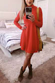 I love this dress - the color, the softness, and the shape of it. I almost sized up based on other reviews but I'm glad I didn't. It's flowy enough to cover up any bumps without it being too baggy. The color is perfect for fall! - Joanna F.