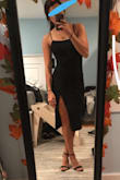 Dress is skin tight, slit is super high and may show a little too much. Super flattering for girls with hips. Not a bad dress - Lindsay C.
