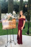 I love everything about this dress! The color is stunning, the fit was snug and the slit is just enough sexy and classy. I received a lot of compliments when I wore it to my friends wedding. My only "complaint" is the off the shoulder sleeves. They are a little restricting. I thought it was the size but I know if I had sized up the dress would have been too big everywhere else. Lastly, I wish it had a stronger zipper pull. The material is thick and when trying to pull the zipper over a seam I was afraid the pull was going to break. Overall, love it and can't wait to wear again! - Ashley R.