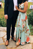 I wore this to a summer wedding where the temperature was warm during the day/cooler at night. I received many compliments, and felt very comfortable in the dress. I utilized dress tape and some sticky petals.
I did have to get the dress hemmed- I highly recommend this if you are short. I wore 3.5 inch wedges and still took a couple inches off the bottom. The top has adjustable straps, which is nice; however, I still taped the dress to my chest because it was a bit large. - Shephaly S.
