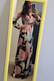 I really loved the pattern when I saw this online, but in person it didn't wow me as much. It's still gorgeous - just didn't hit me the same way. I added a belt for fun. 2 things about this dress: it runs long. I'm 5'7" and ordered the small and without heels, the dress drags on the floor. With heels, though, it was the perfect length. Something to keep in mind. Also, the fabric is heavy. It's not an issue, just might want to consider that if wearing to a summer wedding. - Lauren B.