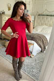 This material and weight of this makes me feel like I am wearing a very expensive dress. The color is vibrant. No need to steam. The length is perfect and I love the scalloped detail around the neck line. The fit and flare style is always a win for me as it is so flattering. Christmas photos are going to be better because of this beautiful number. - Summer H.