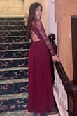 I loved this dress for my cousin's fall wedding in Nashville. The open back makes the dress super flirty and sexy while the covered front and flowing bottom really keep the look elegant. I am pretty short, so I did get the bottom hemmed. But the top did fit perfectly size XS. The sleeves are not too tight-fitting which keeps the lace very comfortable. Overall, this is a very beautiful dress for engagement photos or as a wedding guest! - Megan H.