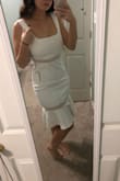 I usually always order Larges in dresses just Bc of my curves, but I ordered medium in this one due to reviews and it fits perfectly!! So defs size down maybe. :)
The material is perfect! Not see through at all! The top part is also supportive enough to not have to wear a bra with the dress! Amazing quality!! - Shinah M.