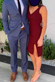 I only leave reviews when I LOVE something and here was another W! Fit so well- plenty of stretch but still looked quality. Perfect for a fall wedding in the burgundy color- classy and a bit sexy. I wore pasties with it to keep my cleavage minimal but can be worn with a plunge bra. Similar to other reviews, the slip under isn't sewn totally in so at times moved up but not really bothersome. Slit comes up a bit high when sitting but overall, LOVED this dress and got a ton of compliments. - Jenna D.