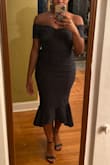 Looks amazing and fits just right. The material is just as they described (medium stretch) not super tight like a dress for the club but not super thick like a simple dress for work.  Perfect for the wedding I plan to wear it to - Caroline R.