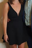 I absolutely love this dress! Super flattering style, the material is thick (no bra required) and lays nicely, it's comfortable, and a great length for me. As other people of my height mentioned, the straps could be a smidge shorter, but that is standard for me on dresses. I didn't alter it before wearing and didn't have any issues with them slipping off my shoulders. - Megan M.
