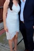 The dress is so much more beautiful than the pictures shows! It's very comfortable, fits true to size and it is sexy/elegant at the same time! My favorite is the little lace tail at the back, so cute. - Jazmin M.