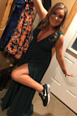 I got so many compliments on this dress, I have it in multiple colors! I got the navy dress in a medium and the green in a small, they both fit me almost the same. The green is a little darker in tone then in the picture. And I did have to have the straps taken up a little because my boobies would of been a little too much for the event I was attending. I also purchased it in the short length in yellow. I absolutely love love love this dress, I wore it to an event and felt so comfortable and fancy at the same time, add pockets to this dress and I'd probably wear one every day. Side note I did wear actual heels and not my nikes but I wish I did at about 11 pm. - Briana G.