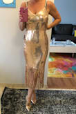 This dressing is absolutely stunning! and so comfortable for a sequin dress. I purchased the Rose Gold and paired it with rose gold pumps----amazing. Flattering and so comfortable. The fringe detailing is perfect. - Jennifer M.