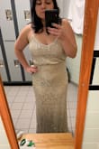 The dress is stunning and has a lot of stretch to it. However, if you have a little bit of a tummy it will stick to it and accentuate it. Also looks more gold than silver. - Amanda N.