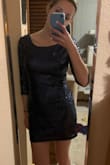 It is a little bit short, but not too bad. (I was looking for a good clubbing dress!) I usually go between a small and a medium and I was very glad to chose the larger size! Form-fitting but not too tight. And I didn't feel too itchy, even with the sequins. Overall beautiful dress! I can't wait to wear it out for my birthday! - Katie B.