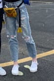 My favorite baggy/distressed jeans. They are a bit baggier than a they appear on the model, which is not a negative. Looks good with a crop top, jumpsuit or t shirt. Didn't give 5 stars only because I was disappointed by how many threads over the knee holes were broken (right out of the box) than I would expect of new jeans. Love the fit and color. - Paige M.