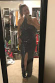 This is my favorite dress ever. Strangers were approaching me to compliment the dress. It is quite stretchy but still a thick enough material. Definitely order a size down. I am normally a size LG, which I ordered, but I could have fit VERY comfortably into a medium. Unfortunately I don't know if I can wear it again because it is too big on me. - Amanda M.