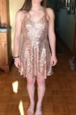 My only disappointment with this dress is that it's not rose gold. The pictures make it look almost pink but it is a true gold with a nude base color.  Otherwise the fit is great and I LOVE the length - I was afraid it was going to be super short but it hits nicely at mid thigh. Great for New Years Eve! - Summer V.