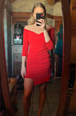 I'm obsessed with this dress. Very sleek and classy. I sized up to a medium. I fit the small, but the only problem I had was not being able to lift my ups up fully. If you're in between sizes I recommend sizing up! - Alex E.