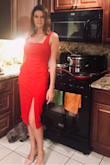 This is the type of dress that will make heads turn and think of the "Lady in Red" song. Love it! The fit is perfect, the quality of construction and material is great. Going to wear it for upcoming holidays this year. Sorry for the background! Lol - Tatyana P.
