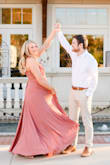 I wore this for my engagement photos and it was PERFECT! I first got a large and it did fit, but I wanted to make sure it didn't look too snug so I sized up. Unfortunately, my chest isn't that big so the top was large, but that was to be expected. I highly recommend! It's perfect and well made. - Becky S.