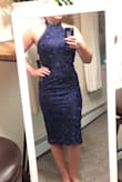 The dress has high quality stitching in the lace! The length perfectly covers my knees and has the fit I was looking for. I'm excited to wear this dress. Would look good with strapless or petals. - Kendra T.