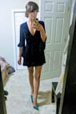 If you're over 5'8', your appropriate size will probably be too short, but ASIDE FROM THAT...
This is the ONLY plunge that's EVER worked for me. My chest is JUST big *enough* that they always end up looking trashy and unflattering instead of sexy/sophisticated the way they look on smaller-chested models. But something about the way this is cut and constructed holds your gals in (and a little up!) PERFECTLY. I'm a D cup but it doesn't look it bc the plunge is doing some extra legwork! I am so impressed w the construction and color, especially for the price!! It is very fitted, but it needs to be to get the plunge to hold appropriately, and since it has a hidden side zipper, it's almost like zipping into a very comfy bodice. Again, a wee on the short side in sleeve and skirt length, but if you're 5'8" or under, go for it!! (Or just wear a skirt underneath) I wear a 4 in some things an a 6 in others, ordered a small and it's perfect. - Kimberly B.