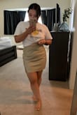 Skirt is cute, color is just like online, but it's too long for my torso. Since I'm 5 feet, it's mostly just skirt. Also the faux leather material makes me sweaty which isn't great. It's a tiny bit loose, but I think the small would be too small. I ordered medium. Sadly I'm returning. - Danae M.