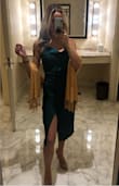 If you're thinking about purchasing this dress, do it! I wore it to my company holiday party and received so many compliments all night! The neckline is elegant, yet sexy, and the waistline is extremely forgiving. Overall, the dress is beautiful, comfortable, and very flattering. Highly recommend! - Audrey B.