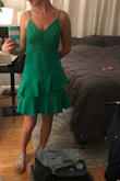 This dress is well made and has thick fabric. The color is true to the image. I love it! Just beware it has no stretch. I usually fall between an xs/small, and usually a size 2, and this dress fit perfectly. - Valerie D.