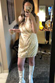This dress was PERFECT paired with white gogo boots for a 70's event I went to. I got so many compliments and felt flawless. Honestly am on the look out for more 70s themed parties so I can do that look again. It's a stunning color that really makes you glow and hugs all the right places with a gorgeous neckline. Initially ordered a XL but returned it for a L that worked perfectly. Plenty of chest room! Hard to zip up yourself though, so make sure you have a friend. - Rachel W.