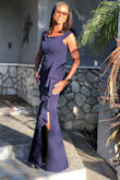 Loved the material, the fit, the look, wished it was in back but the Navy Blue worked for the gala I was attending. No need for a bra I use pasties for modesty, the split and hit just right. I bought a Large but did a quick exchange for a Medium, the customer service operator was great and helpful with processing the exchange and getting it to me in a timely manner. My go to store for Gala seasons to come. - Kathyann K.