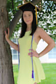 got this as my graduation dress, my college's colors are gold and black so the yellow looks awesome with my black gown. fits very true to size and the adjustable back really helps. - Sarah H.