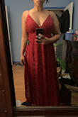 Beautiful dress! Love the details, lace, sequin. The red is a deep, velvety kind. Gorgeous. Long but I'm also short. Comfortable. Good quality. Going to be a fav and great option for occasions requiring a more formal attire. I have a small frame so I have to be careful when choosing between a small or medium. My measurements aren't always the most helpful guides, #curvygirlprobs. Def runs a little bigger so going with a small this go around made sense for me. - Karina L.