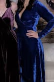 Wore to a Christmas party and received so many compliments! The royal blue color is beyond gorgeous! The front slit goes a bit high, you just have to pay attention to it. I love the low cut. Didn't wear a bra but the velvet fabric made it just fine. Plus it was so comfy! - Katherine P.