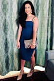 I absolutely fell in love with this dress when I tried it on. The fabric is thick and looks very expensive. I am only 5'0 ft tall and felt like the length was perfect and sits right below the knee and looks amazing with nude heels. Perfect dress for date night or going out. - Deepa P.