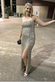 This was so fun to wear!! It doesn't look as silver as I thought it would. You can kind of see the beige lining through all the sequins, but I still liked it a lot. I'm not a huge fan of strapless dresses but this stayed up fine. - Anna N.